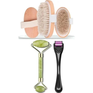 Mujgan 0 3'lü Set At Kılı Fırçası + Dermaroller Titanyum 0.5 mm +Yeşim Taşı Masaj Aleti Mujgan