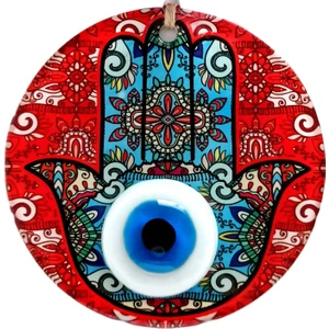 El Yapımı Füzyon Cam Kırmızı Hamsa Nazar Boncuğu Duvar Süsü Ev ve İç Mekan Dekorasyonu