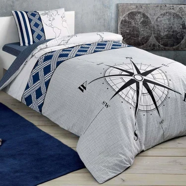 Taç Tek Kişilik Nevresim Takımı Navi Lacivert Desenli 160 x 220 cm Renkli Pamuk