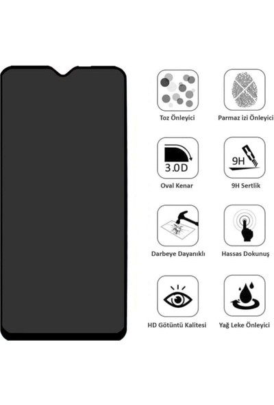 Arazon Xiaomi Redmi 9T Privacy 5D Hayalet Gizlilik Filtreli Cam Tam Kaplayan Ekran Koruyucu