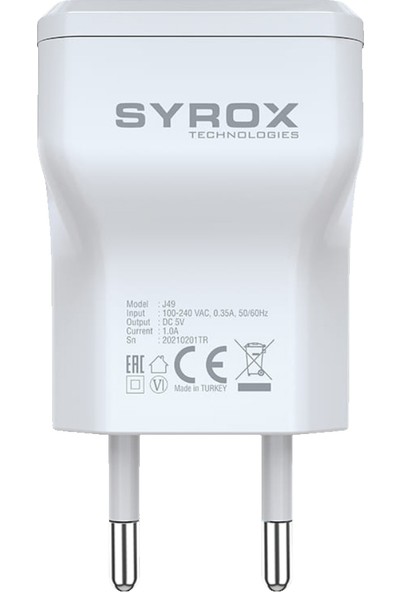 Syrox J49 USB Şarj Adaptörü (Başlık) 1.0A Beyaz