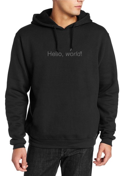Hello World Baskılı Siyah Erkek Örme Kapşonlu Sweatshirt Uzun Kol