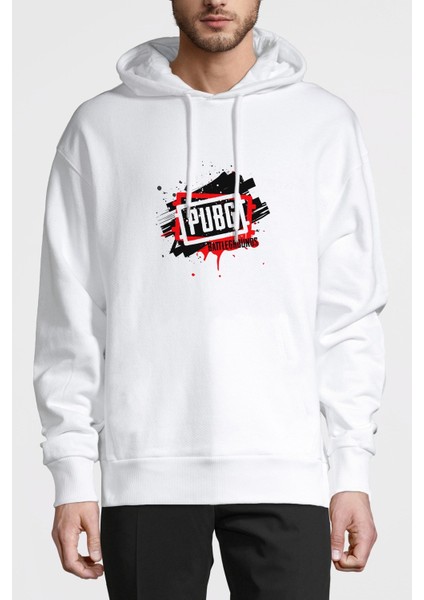 Pubg Kan Pubg Siyah Baskılı Beyaz Erkek Örme Kapşonlu Sweatshirt Uzun Kol