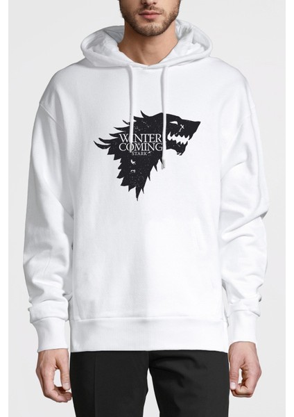 Game Of Thrones Baskılı Beyaz Erkek Örme Kapşonlu Sweatshirt Uzun Kol