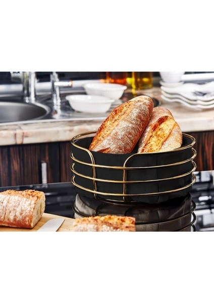 Kitchen Store Metal Ekmeklik Gold Şeritli Siyah Kumaş Yuvarlak Ekmek Sepeti