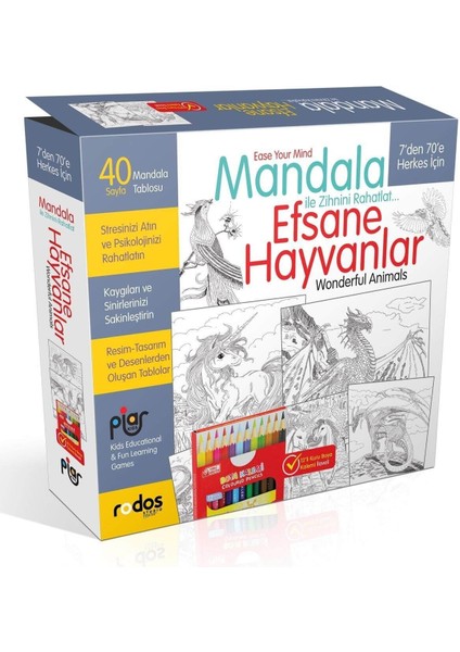 Piar Kids / Efsane Hayvanlar - Mandala Boyama Seti - 7'den 70'e Herkes İçin - 12'li Kuru Boyama Kalemi İlaveli