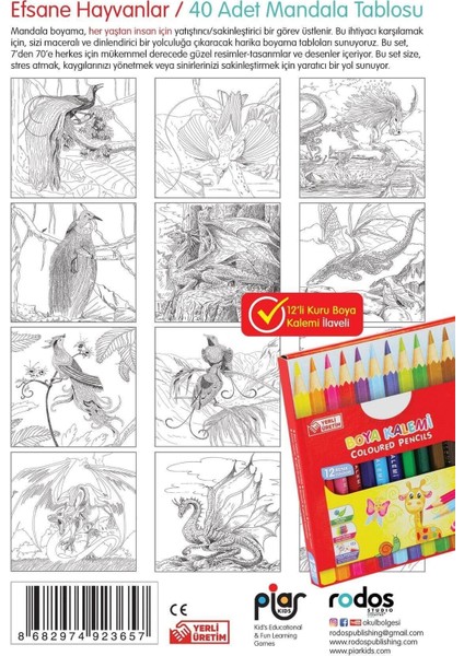 Piar Kids / Efsane Hayvanlar - Mandala Boyama Seti - 7'den 70'e Herkes İçin - 12'li Kuru Boyama Kalemi İlaveli modelleri