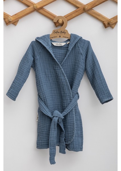 4 Kat Müslin Çocuk Bornozu - Navy
