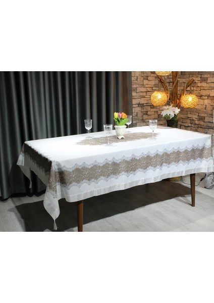 Nilüfer Dikdörtgen Baskılı Masa Örtüsü Krem Bej