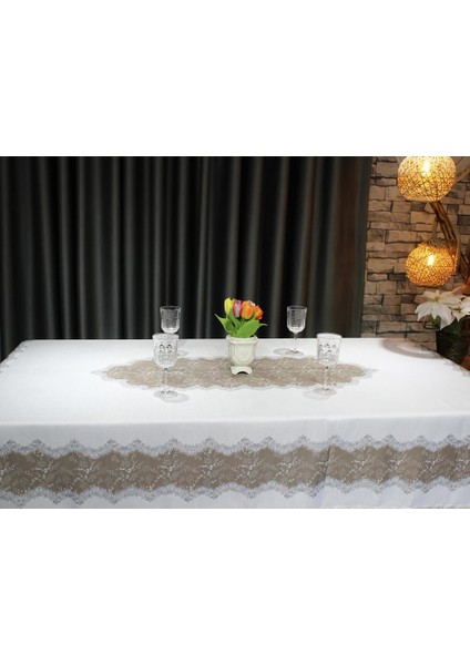 Nilüfer Dikdörtgen Baskılı Masa Örtüsü Krem Bej modelleri