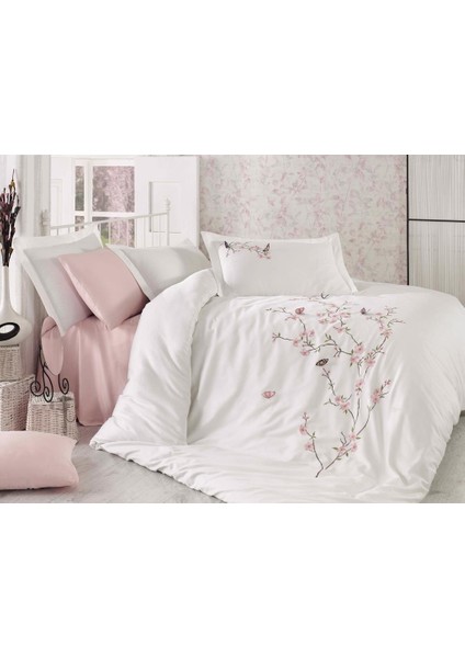 Butterfly 3D Nakışlı Pamuk Saten Nevresim Takımı Krem Pudra