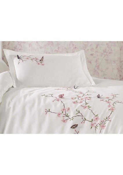 Butterfly 3D Nakışlı Pamuk Saten Nevresim Takımı Krem Pudra fiyatları