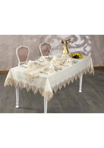 Fransız Güpürlü Saltanat Masa Örtüsü Takımı Ekru Altın 26 Parça