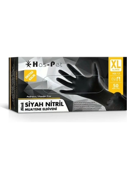 Has-Pet Siyah Pudrasız Nitril Ekstra Kalın  Eldiven (X-Large) 50'li Paket