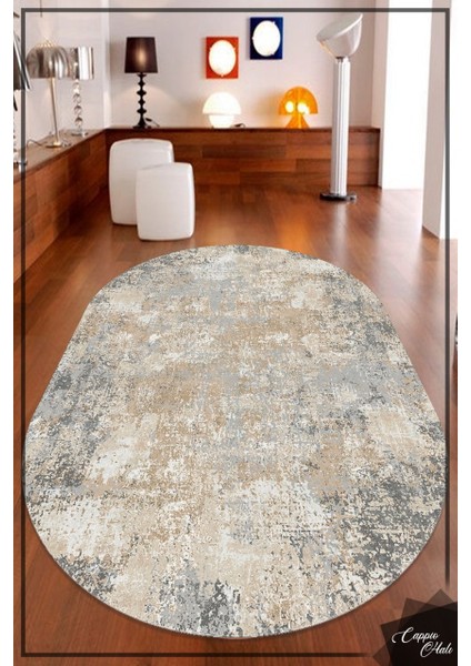 Cappio Gri-Krem Eskitme Desenli Oval Halı (Makine'de Yıkanabilir)