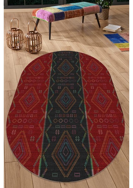 Cappio Kilim Desenli Kırmızı-Siyah Oval Halı (Makine'de Yıkanabilir)