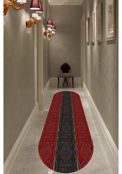 Cappio Kilim Desenli Kırmızı-Siyah Oval Halı (Makine'de Yıkanabilir)