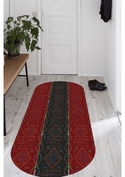 Cappio Kilim Desenli Kırmızı-Siyah Oval Halı (Makine'de Yıkanabilir)