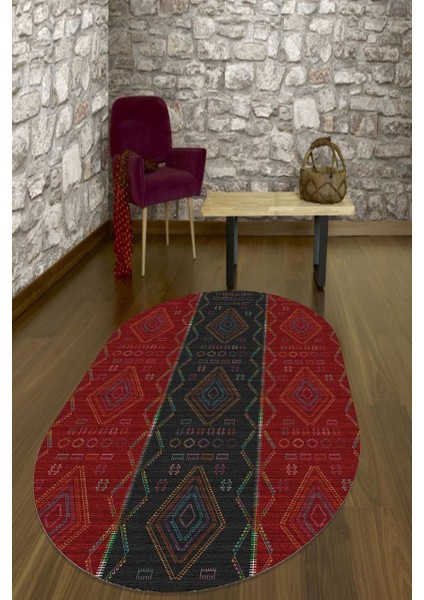 Cappio Kilim Desenli Kırmızı-Siyah Oval Halı (Makine'de Yıkanabilir)