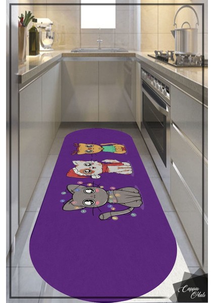 Cappio Sevimli Kedi Desenli Mor Oval Mutfak Halısı (Makine'de Yıkanabilir)