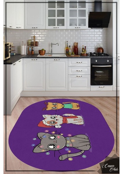 Cappio Sevimli Kedi Desenli Mor Oval Mutfak Halısı (Makine'de Yıkanabilir)