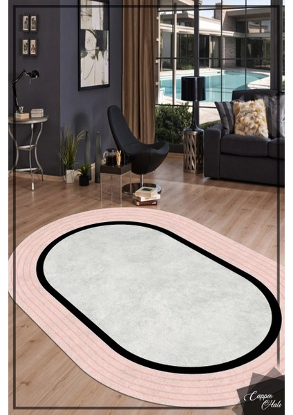 Cappio Somon Pembesi-Siyah Şeritli Oval Halı (Makine'de Yıkanabilir)
