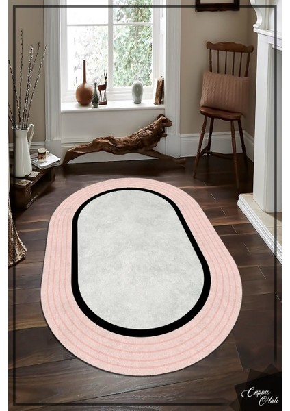 Cappio Somon Pembesi-Siyah Şeritli Oval Halı (Makine'de Yıkanabilir)