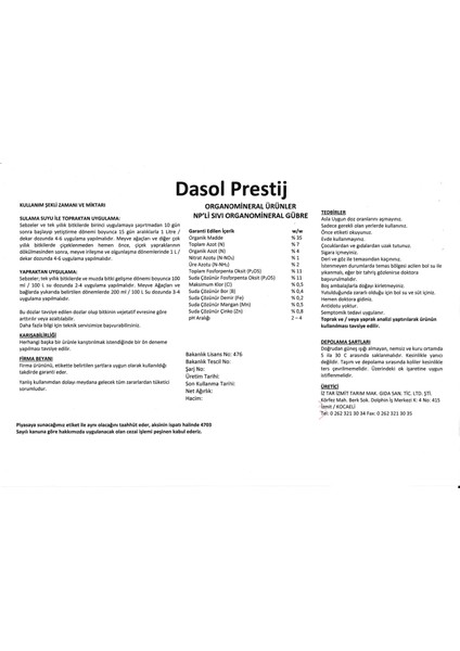 1 LT. Dasol Prestij Np' Li Organomineral Gübre modelleri