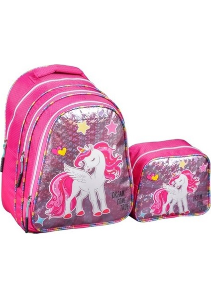 Unicorn 3'lü Simli Çanta Seti Çanta Beslenme Çantası Kalem Kutu