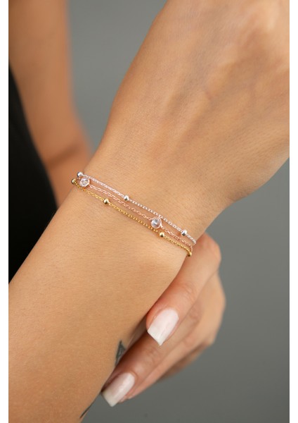 Kadın Dorika Top Detaylı 3 Renk 925 Ayar Gümüş Bileklik fiyatları