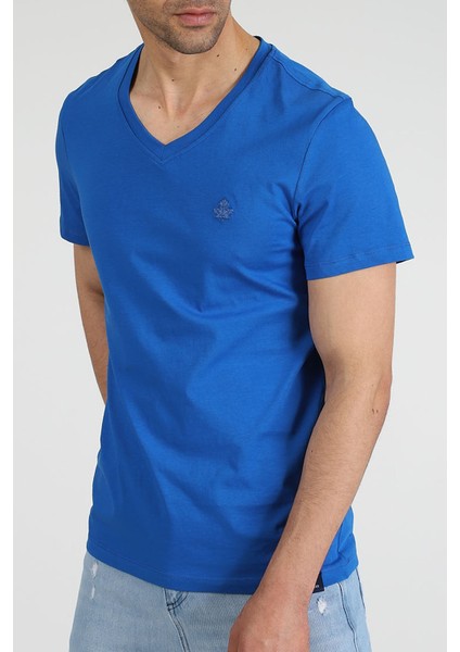 Erkek V Yaka T-Shirt Neo-Alpes Saks Mavisi modelleri