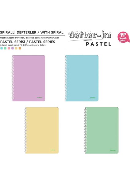 Pastel Serisi Spiralli Pp Kapak 96 Yaprak Çizgili Defter 4'lü