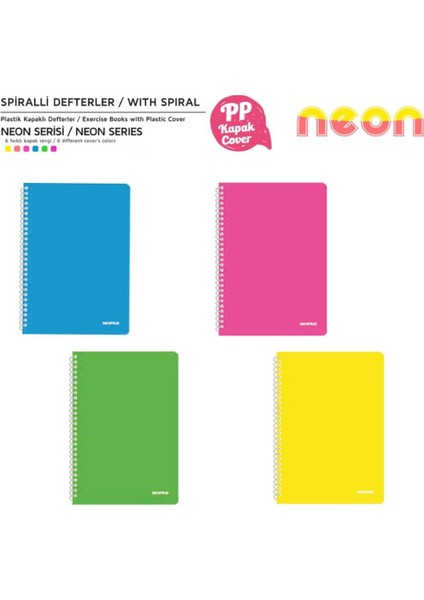 Neon Serisi Spiralli Pp Kapak Kareli Defter 96 Yaprak 4'lü