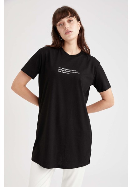 Relax Fit Slogan Baskılı Yırtmaçlı Kısa Kollu Tunik Tişört V5245AZ21AU modelleri