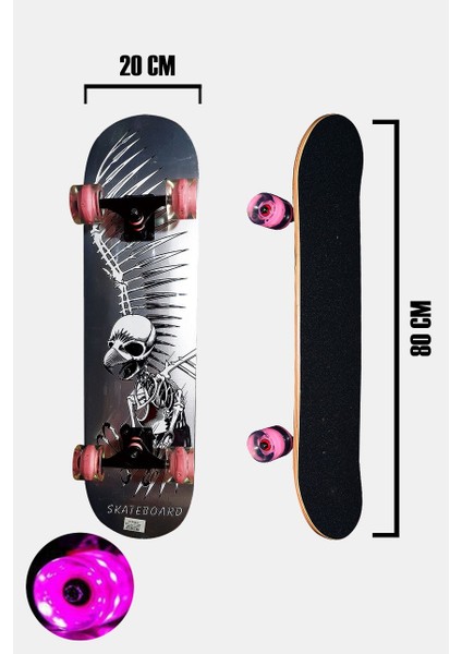 Zımparalı Işıklı Pembe Silikon Tekerli Kemik Desenli Kaykay