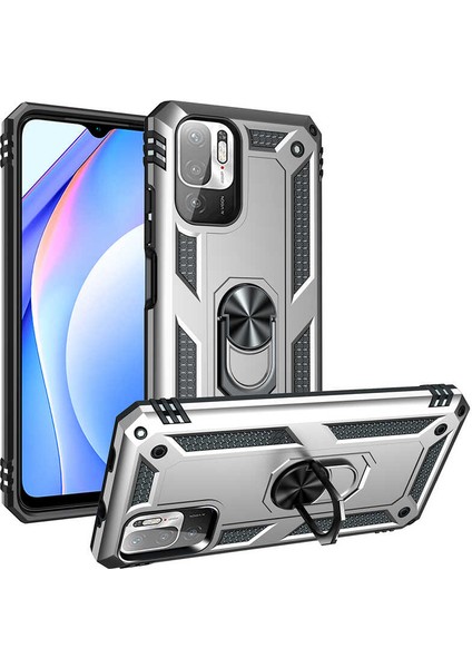 Xiaomi Redmi Note 10 5g Kılıf Çift Katmanlı Yüzüklü Manyetik Vega Kapak Gri + Tam Kaplayan 5d Cam Ekran Koruyucu