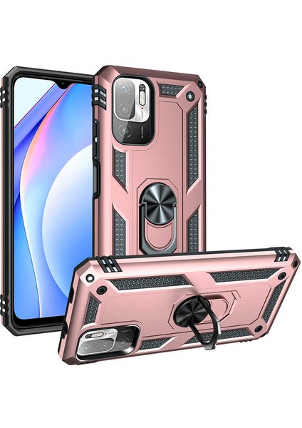 Xiaomi Redmi Note 10 5g Kılıf Çift Katmanlı Yüzüklü Manyetik Vega Kapak Rose + Tam Kaplayan 6d Nano Ekran Koruyucu