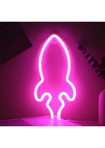 Neon Renkli Pembe Roket Pilli ve Usbli Çocuk Odası Duvar Gece Lambası