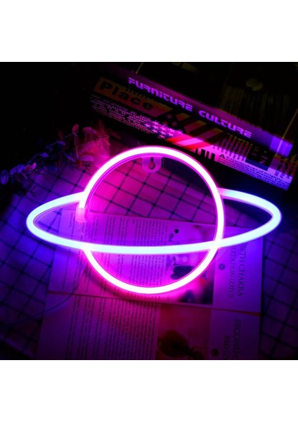 Neon Renkli Işıklı Satürn Pilli ve Usbli Çocuk Odası Duvar Gece Lambası