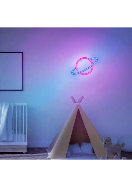Neon Renkli Işıklı Satürn Pilli ve Usbli Çocuk Odası Duvar Gece Lambası