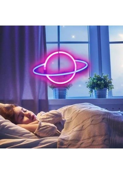 Neon Renkli Işıklı Satürn Pilli ve Usbli Çocuk Odası Duvar Gece Lambası
