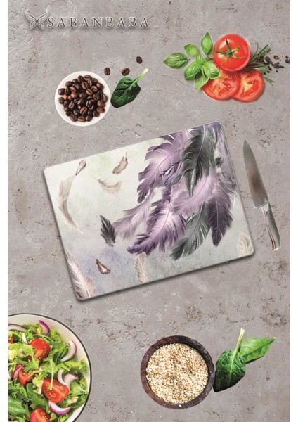 Kuş Tüyü Desen Cam Kesme Tahtası 30 x 40 cm modelleri