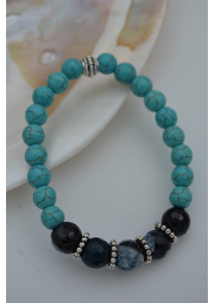 Turkuaz Taşlı ve Dantelli Akik Taşlı Bileklik