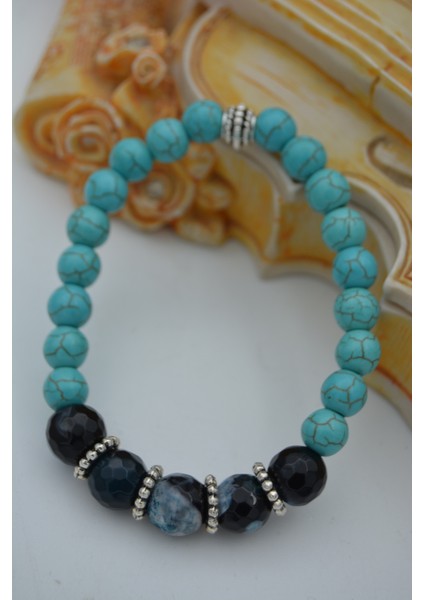 Turkuaz Taşlı ve Dantelli Akik Taşlı Bileklik fiyatları