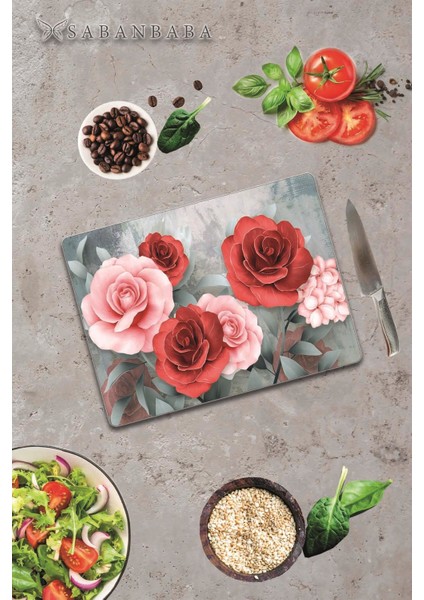 Kırmızı & Pembe Gül Cam Kesme Tahtası 30 x 40 cm fiyatları