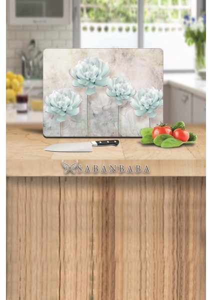 Mavi Çiçekler Cam Kesme Tahtası 30 x 40 cm