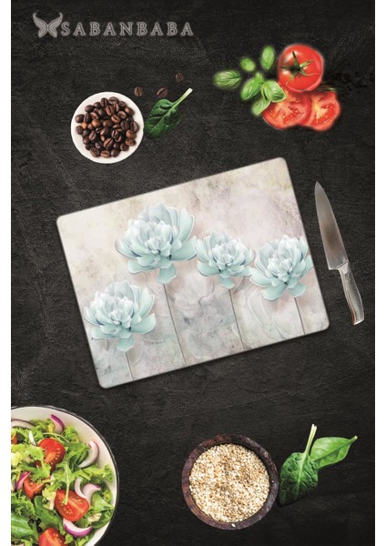 Mavi Çiçekler Cam Kesme Tahtası 30 x 40 cm fiyatları