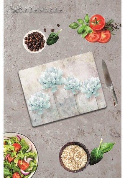 Mavi Çiçekler Cam Kesme Tahtası 30 x 40 cm modelleri