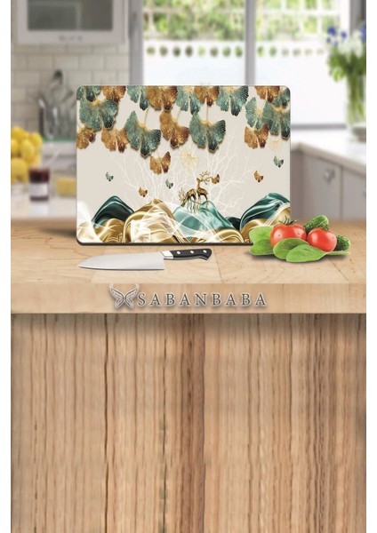 Altın Geyikler & Yapraklar Cam Kesme Tahtası 30 x 40 cm