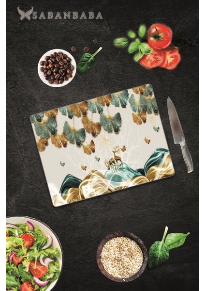 Altın Geyikler & Yapraklar Cam Kesme Tahtası 30 x 40 cm fiyatları